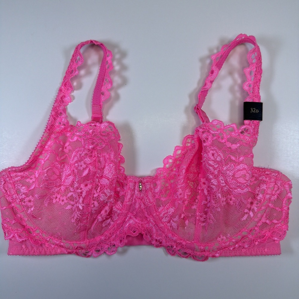 Victoria's Secret Unlined Lace Demi Bra Hot Pink Underwire Size 32D NWT New